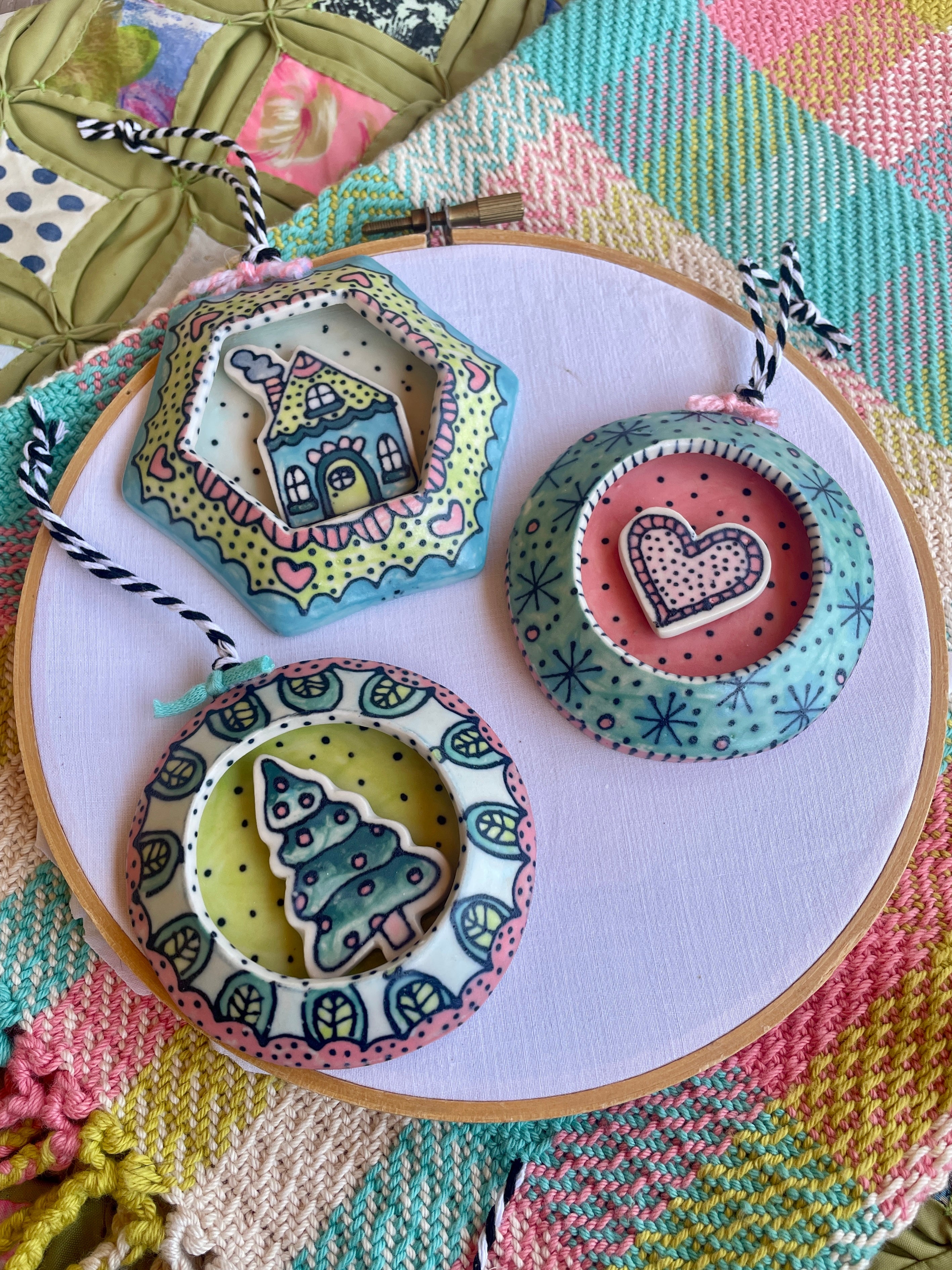 Bright and Whimical Hand crafted and painted ornaments